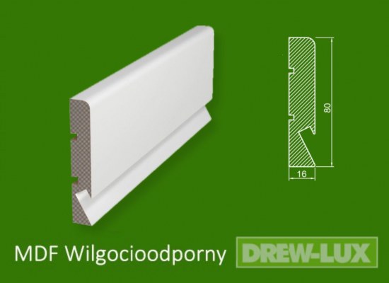 Listwa przypodłogowa MDF biała lakierowana  - 80 x 16 R5 PLUS -  LED wilgocioodporna